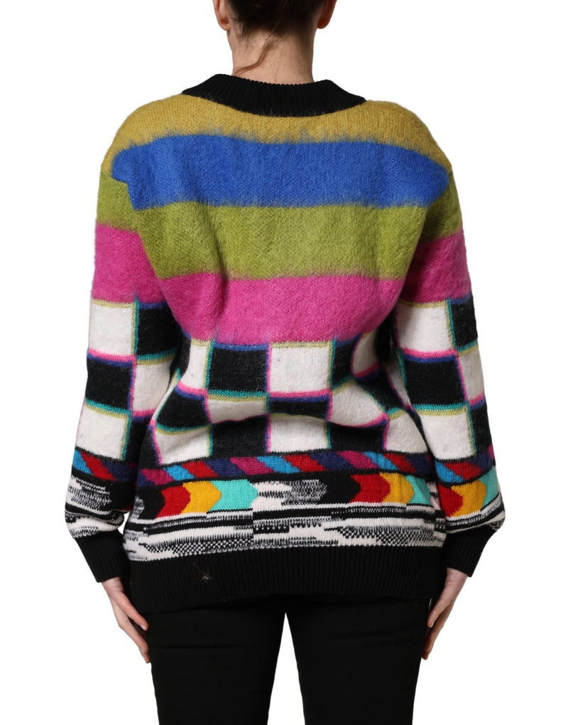 Multicolor striped knit pullover sweater with checkered and TV test pattern hem