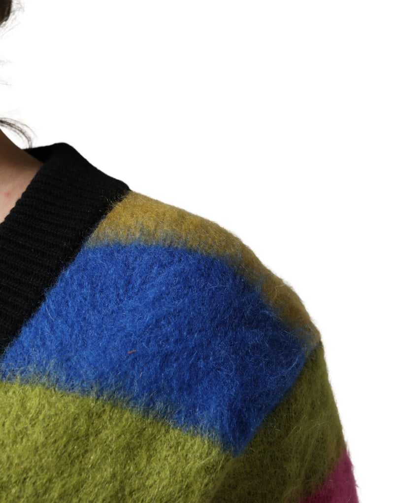 Fuzzy striped v-neck sweater in blue, green, and pink with a black ribbed collar
