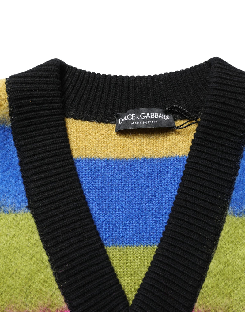 Multicolor striped knit V-neck sweater with black ribbed collar