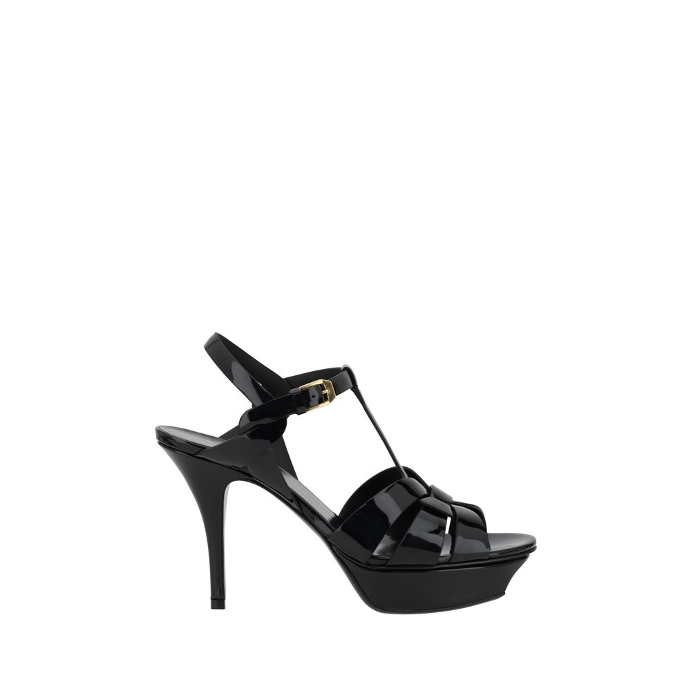 Black high-heeled sandal on a white background