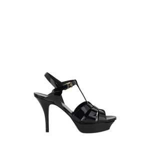 Black high-heeled sandal on a white background