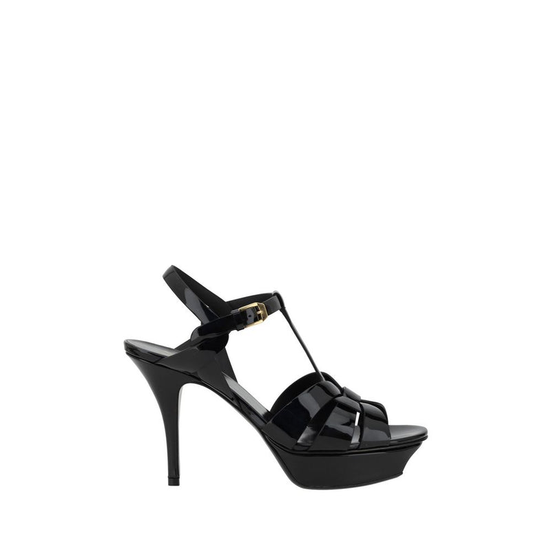 Black high-heeled sandal on a white background