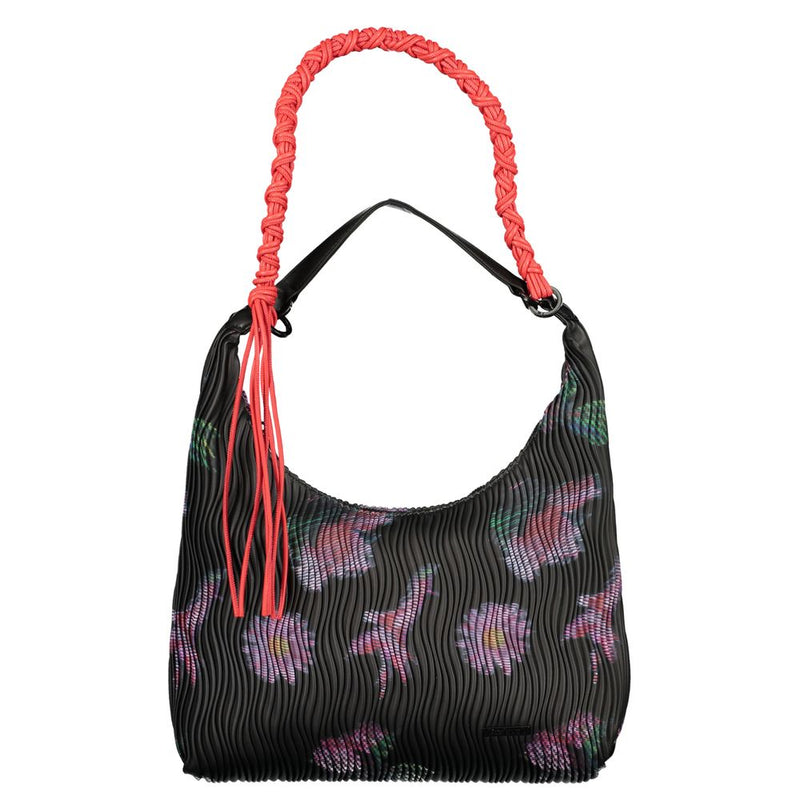 Black pleated polyurethane hobo handbag with floral print and bright pink braided strap