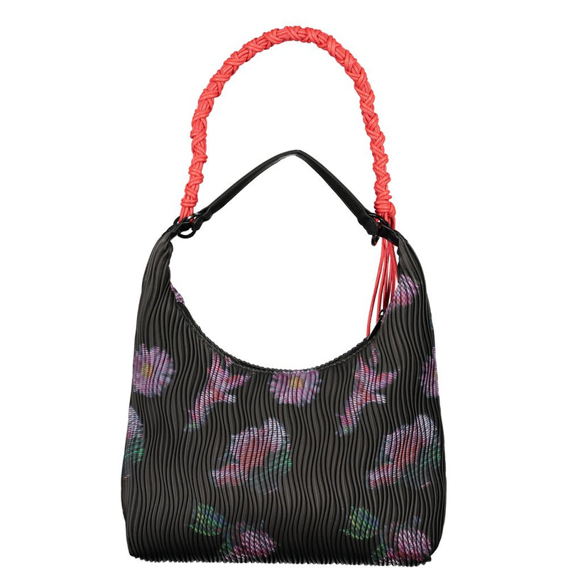 Black pleated polyurethane women handbag with multicolored floral pattern and pink braided strap