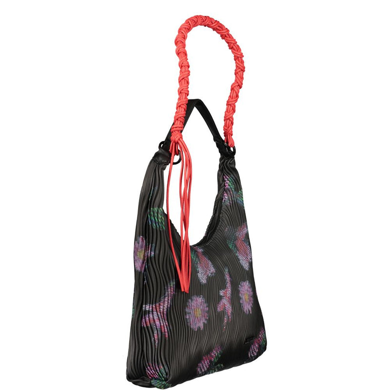 Black pleated polyurethane handbag with colorful floral print and bright red braided strap