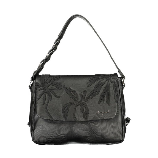 Black polyurethane women's backpack with embossed palm tree pattern and shoulder strap