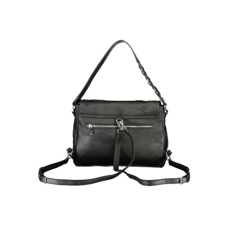 Black polyurethane women backpack with flap, textured pattern, and zippers