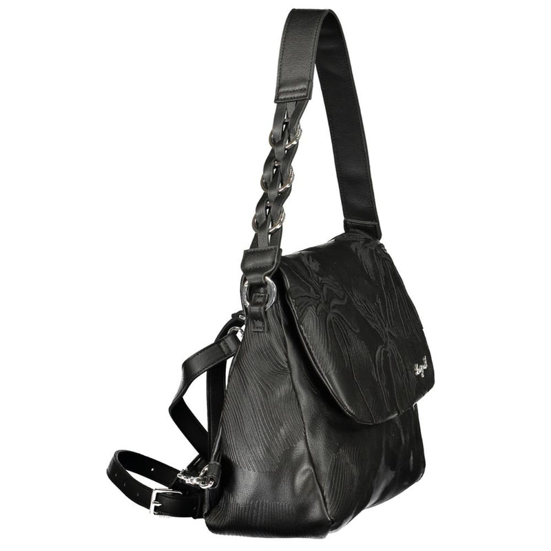 Black polyurethane women's backpack with embossed design and braided strap