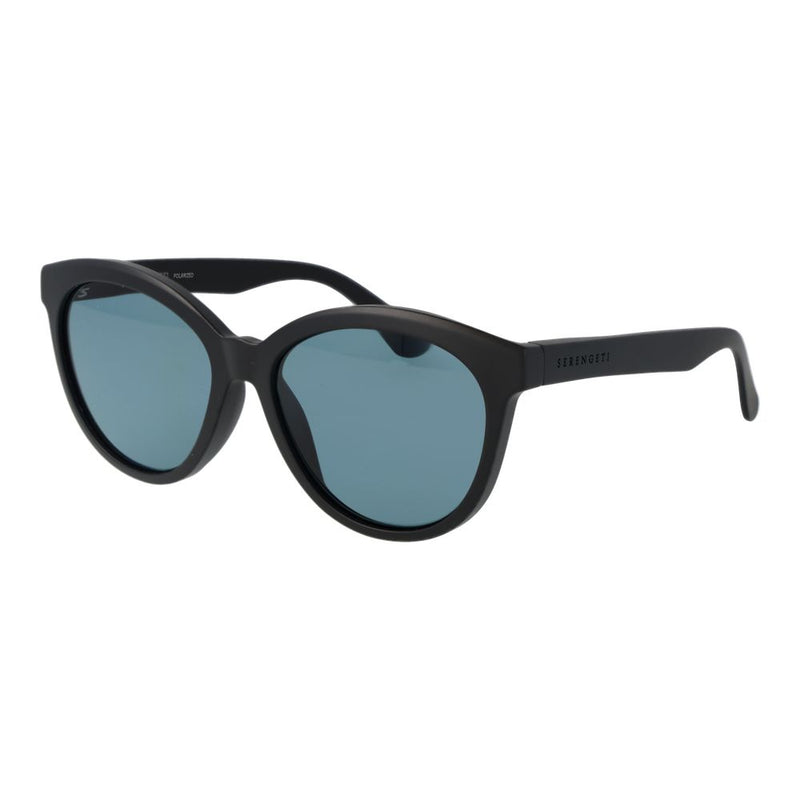 Black plastic round sunglasses with blue tinted lenses