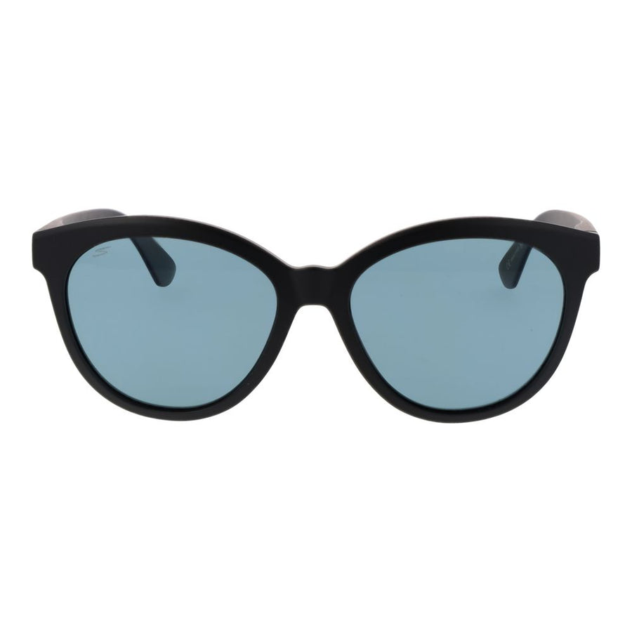 Black plastic round sunglasses with blue tinted lenses