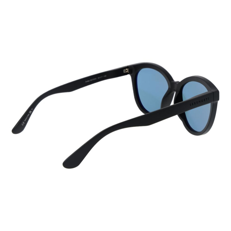 Black plastic sunglasses with round frames and blue tinted lenses viewed from the back