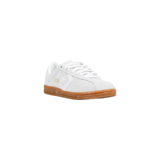 Converse white leather low top sneaker with a gum sole and star chevron logo