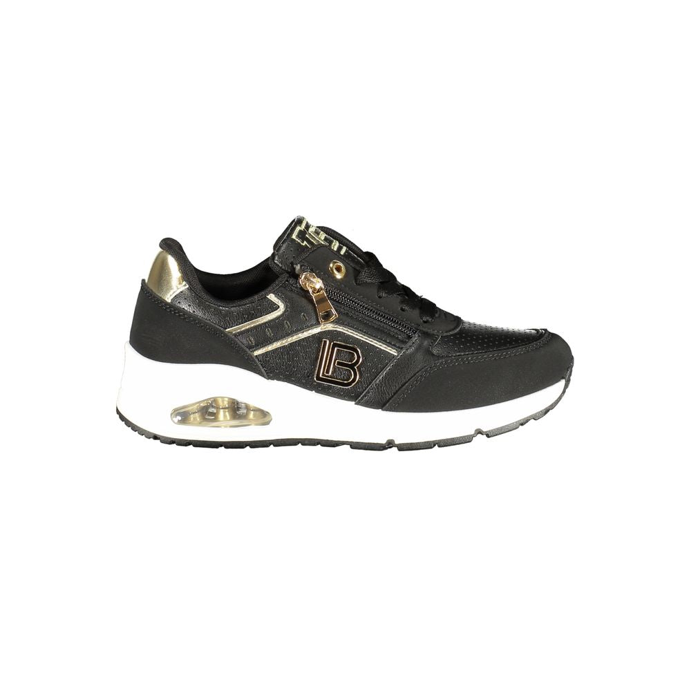 Laura Biagiotti black polyester women's fashion sneaker with gold metallic accents and side zipper.
