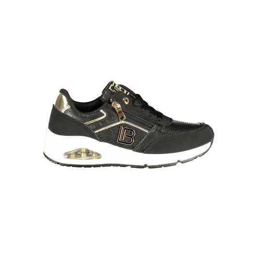 Laura Biagiotti black polyester women's fashion sneaker with gold metallic accents and side zipper.