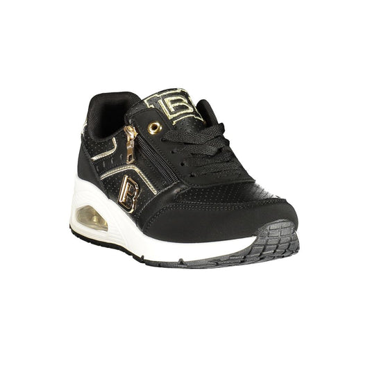 Laura Biagiotti black polyester women's sneaker with gold accents, zipper detail, and a thick white platform sole.