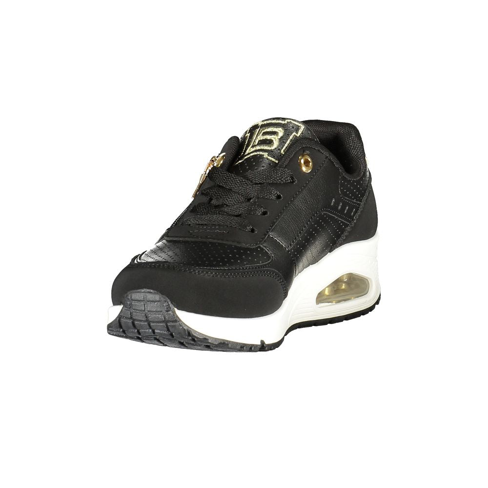 Laura Biagiotti black polyester women's sneaker with white platform sole, gold logo detail, and perforated texture.