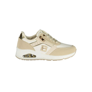 Beige Laura Biagiotti polyurethane sneakers with side zipper, gold accents, and a chunky white platform sole.