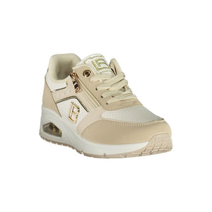 Laura Biagiotti beige polyurethane women’s sneaker with lace-up front, side zipper, and gold logo detailing.