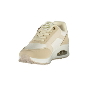 Beige Laura Biagiotti polyurethane women’s sneakers with a chunky sole and gold logo detail.