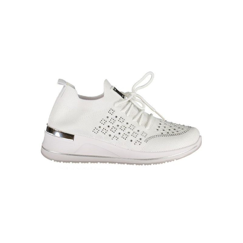 White polyester Laura Biagiotti women's sneaker with metallic details, lace-up style, and rhinestone embellishments.