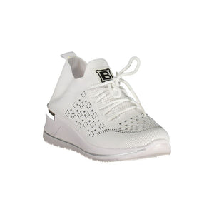 White Laura Biagiotti polyester sneaker with crystal embellishments and a logo patch on a wedge sole.