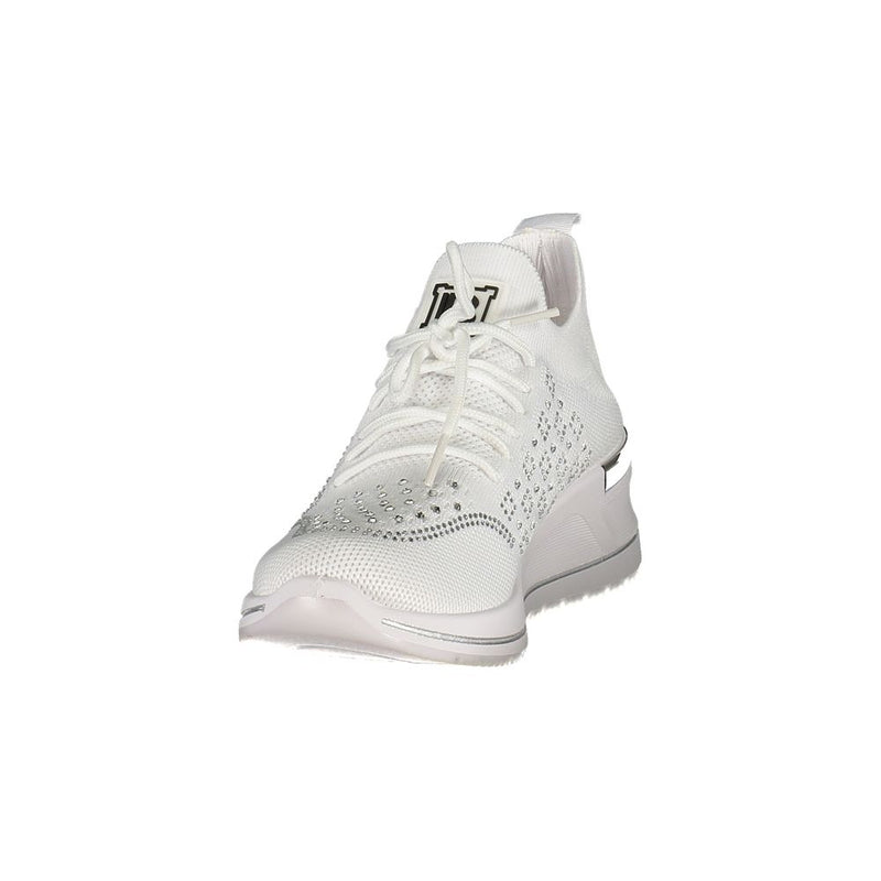 White Laura Biagiotti polyester women's sneaker with lace-up closure and crystal embellishments.