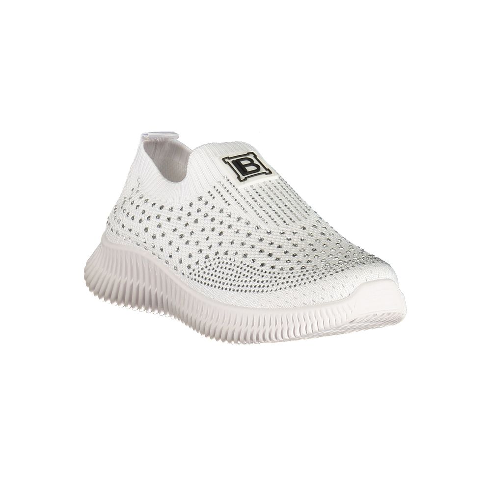 White slip-on sneaker with a brand logo on a white background