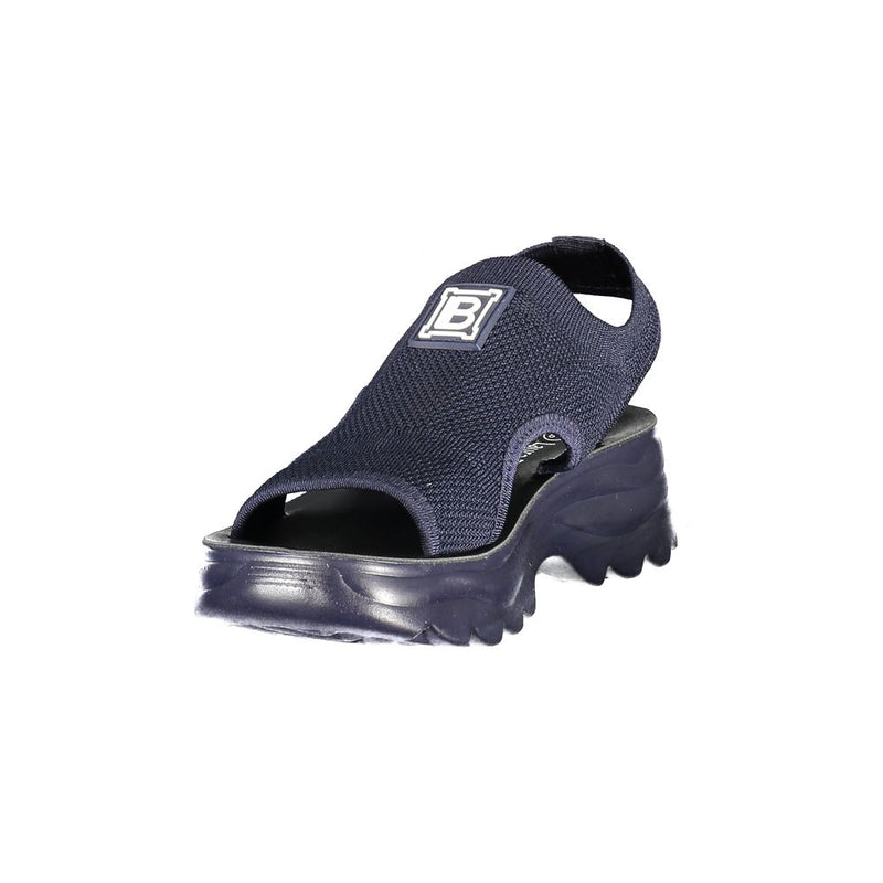 Dark blue polyester knit platform sandal with slingback strap and chunky ridged sole