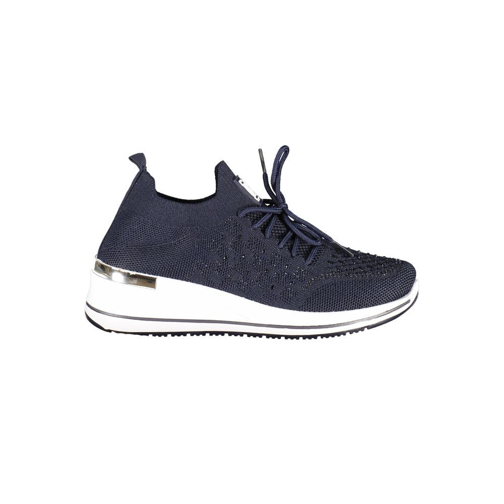 Laura Biagiotti navy blue polyester knit lace-up sneaker with rhinestone detailing and white wedge sole.