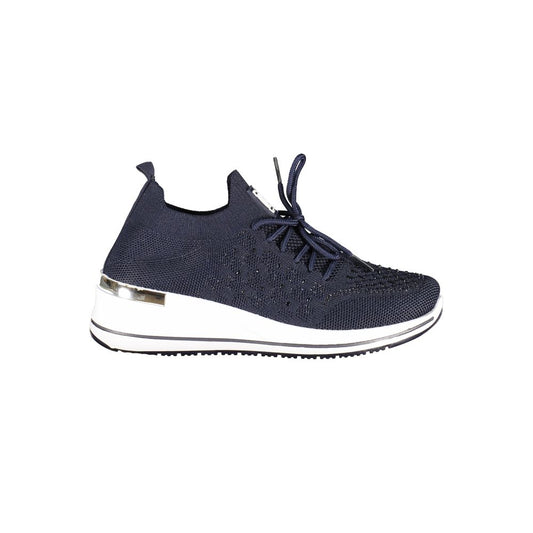 Laura Biagiotti navy blue polyester knit women's sneaker with lace-up closure and white platform wedge sole.