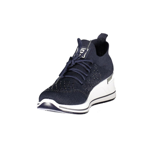 Laura Biagiotti blue polyester wedge sneaker with rhinestone details and a white platform sole.