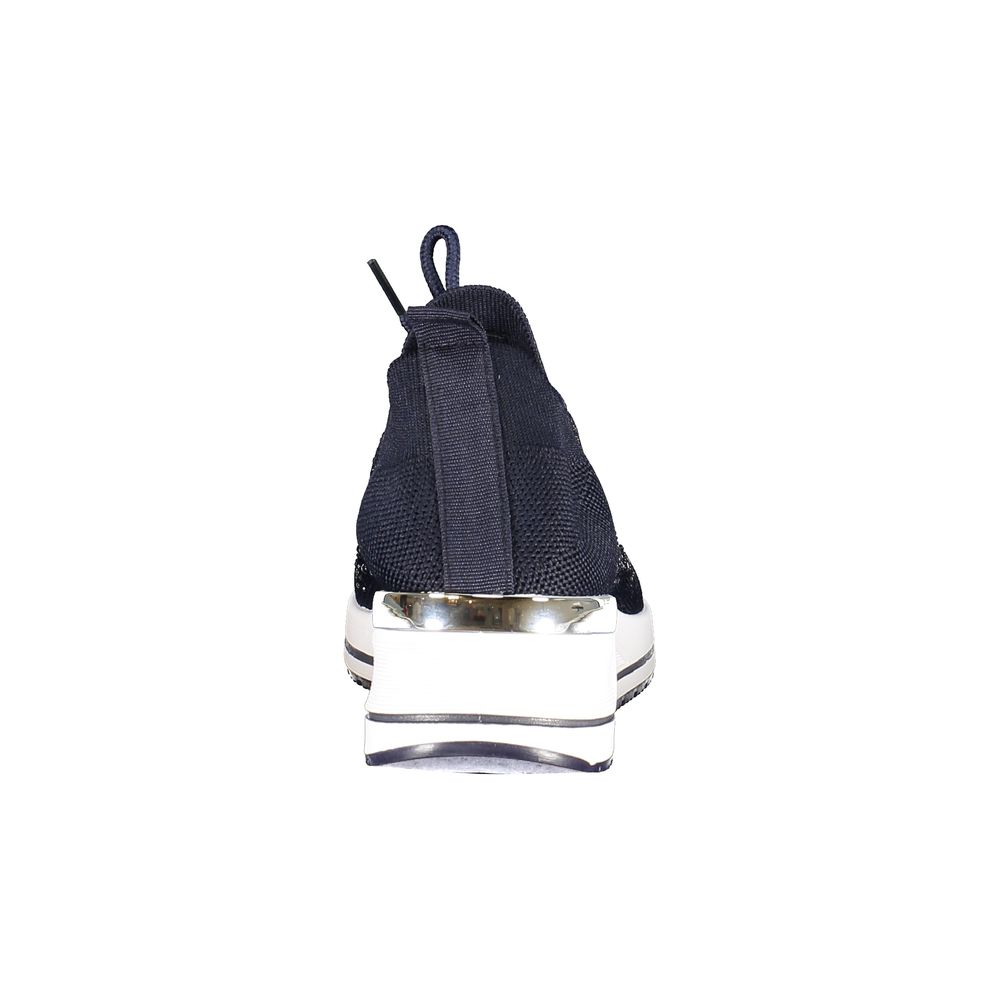 Laura Biagiotti blue polyester slip-on sneaker featuring a thick white platform sole with silver heel detailing.