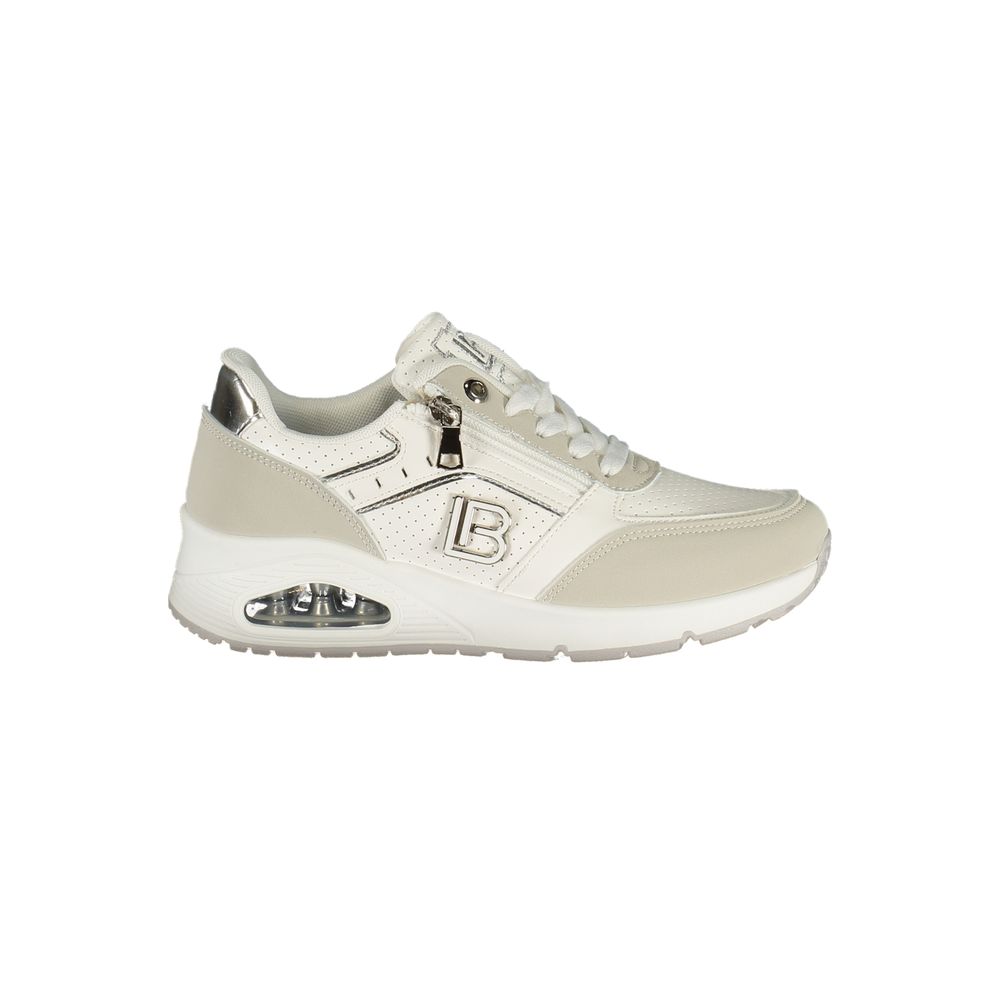 White Laura Biagiotti polyester women's sneaker with side zip, silver accents, and a chunky air-cushion sole.