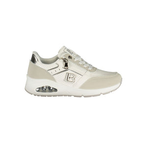 White Laura Biagiotti polyester women's sneaker with side zip, silver accents, and a chunky air-cushion sole.