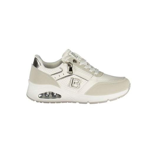 White Laura Biagiotti polyester women's sneaker with side zip, silver accents, and a chunky air-cushion sole.