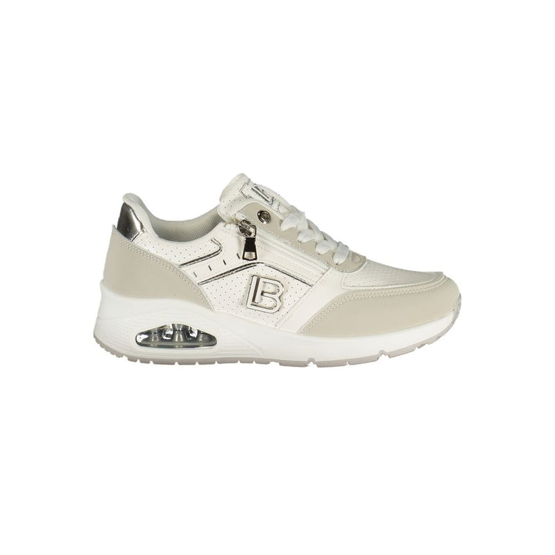 White Laura Biagiotti polyester women's sneaker with side zip, silver accents, and a chunky air-cushion sole.