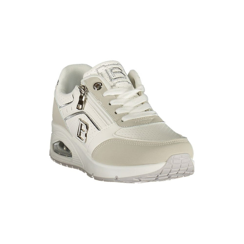 White Laura Biagiotti polyester women's sneaker with side zip, silver accents, and a chunky sole.