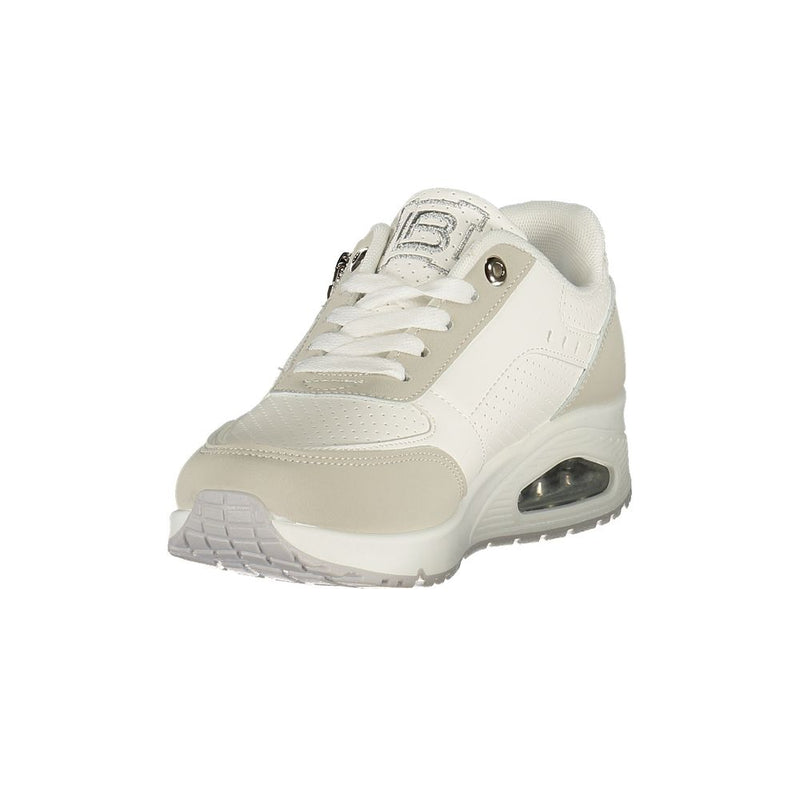 White Laura Biagiotti polyester women's sneaker with lace-up closure and visible air-cushion sole.