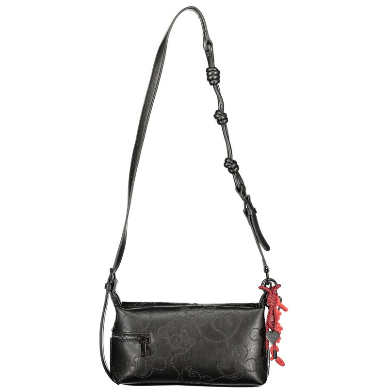 Black polyurethane rectangular shoulder bag with embossed design and red charm