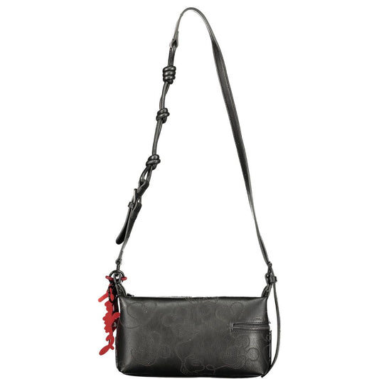 Black polyurethane shoulder bag with embossed floral pattern and knotted strap