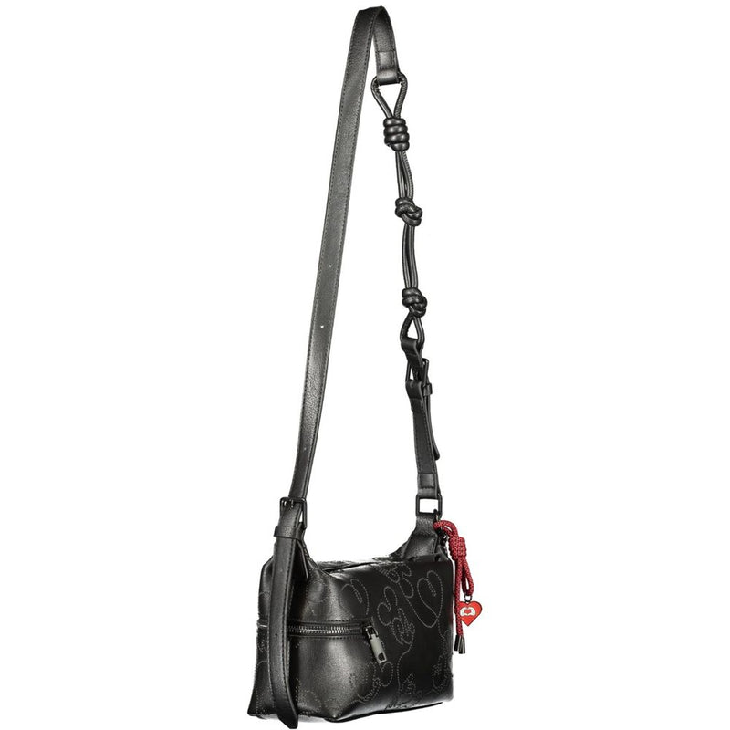Black polyurethane shoulder bag with embossed patterns and a knotted strap