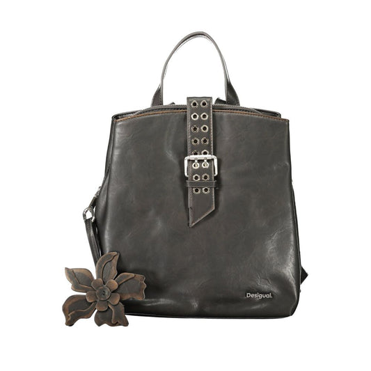 Black polyurethane women backpack with a top handle, buckle strap, and flower charm