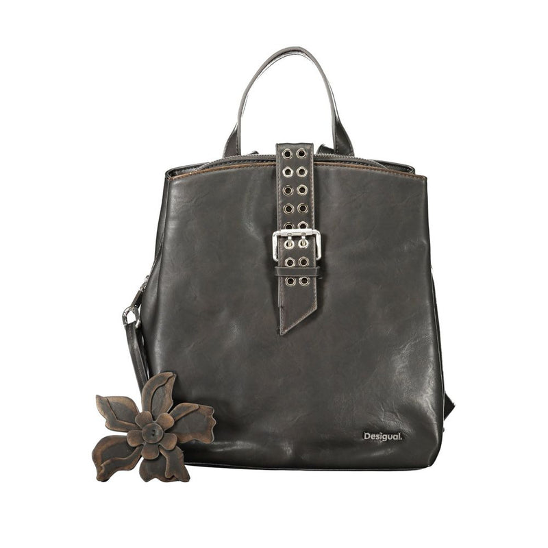 Black polyurethane women backpack with a top handle, buckle strap, and flower charm
