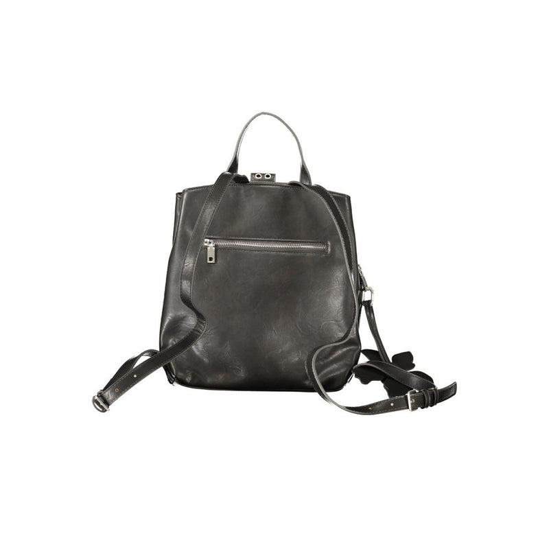 Black polyurethane women backpack with a zippered pocket and adjustable straps