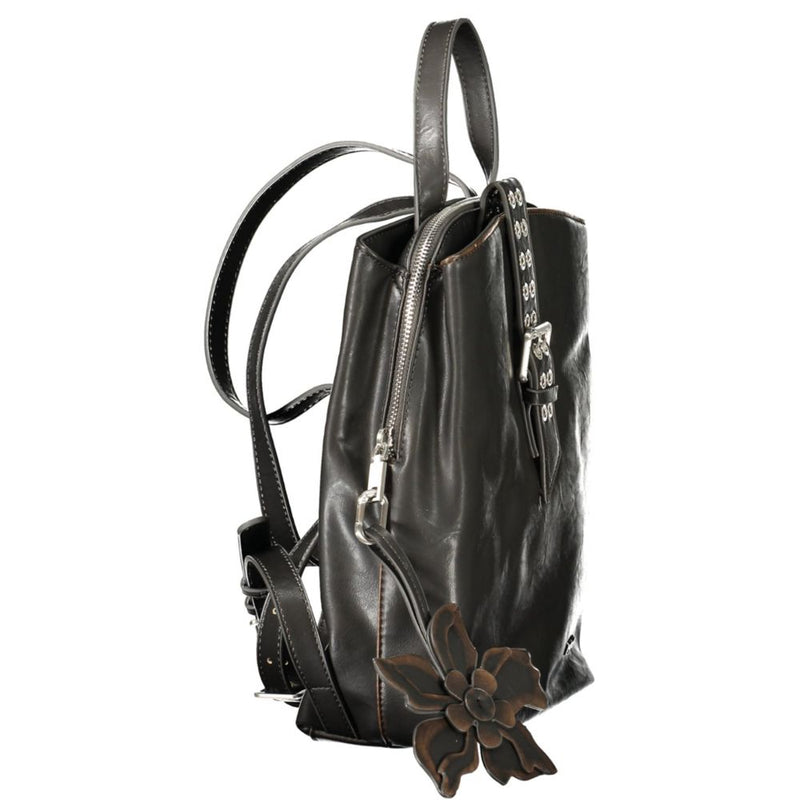Black polyurethane women backpack with flower charm and zip closure