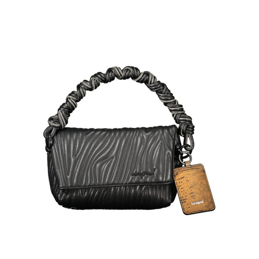 Black polyurethane women's handbag with textured pattern and braided handle