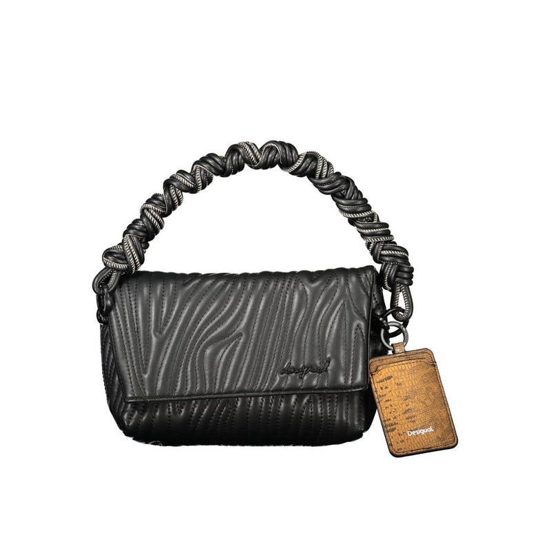 Black polyurethane women's handbag with textured pattern and braided handle