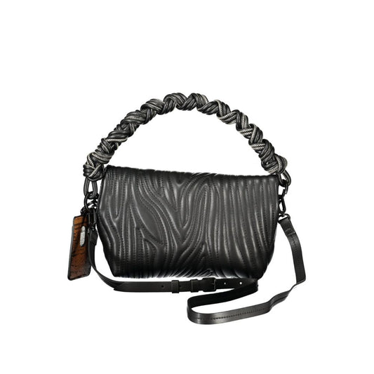 Black polyurethane handbag with textured quilted design and braided handle