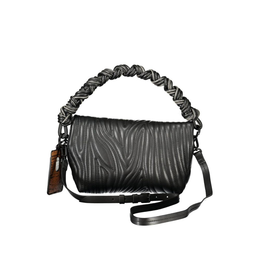 Black polyurethane women's handbag with textured pattern and braided handle