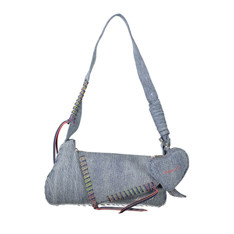 Blue denim cotton shoulder bag with multicolored stitching and a heart-shaped coin pouch